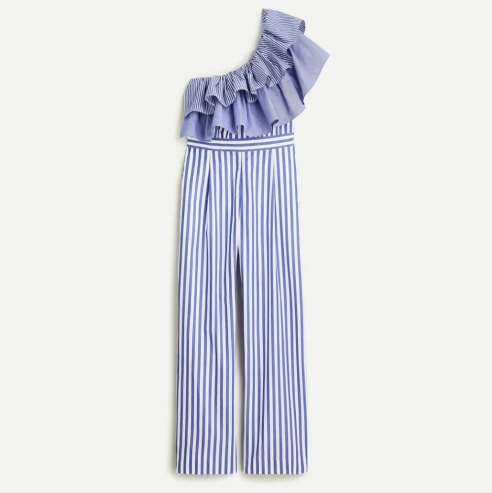 J. Crew One Shoulder Blue Mixed Stripe Jumpsuit Sz 0. New without tags